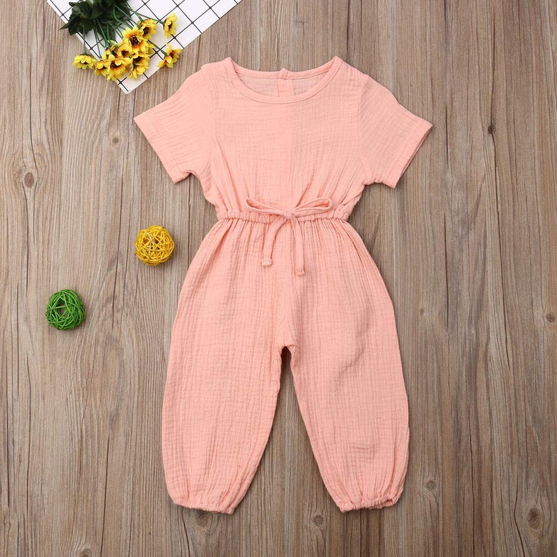 Mubineo Toddler Baby Girl Summer Fall Basic Plain Short Sleeve Cotton Linen Drawstring Romper Jumpsuit (Peach Pink, 12-18 Months) - Image 2